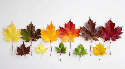 Wall Mural - frontal view of ten natural maple leaves of the autumn period in yellow orange red burgundy green co