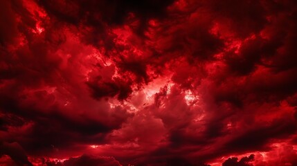 Poster - Black fiery red dramatic sky with clouds Fire war explosion catastrophe flame Horror concept Web banner Wide bloody red background with space for design Panoramic : Generative AI