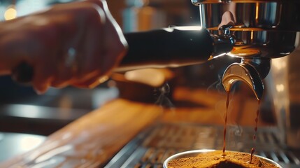 Poster - Closeup of hand Barista cafe making coffee with manual presses ground coffee using tamper at the coffee shop : Generative AI