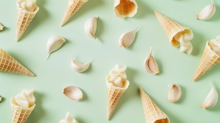 Poster - Composition with waffle horn heads halves and slices of garlic Creative art layout on light green background closeup macro top view flat lay : Generative AI