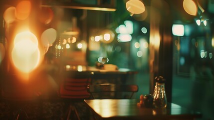 Vintage tone abstract blur image of Restaurant in night time with light bokeh for background usage : Generative AI