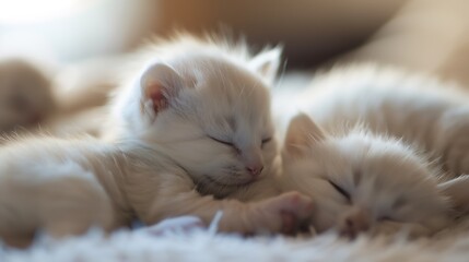 Poster - A family of kittens lie and sleep curled up Cute white kitten with blue eyes looks carefully : Generative AI