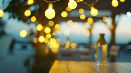 Poster - blurred bokeh light with yellow string lights decor in beach restaurant at dusk of summer background : Generative AI