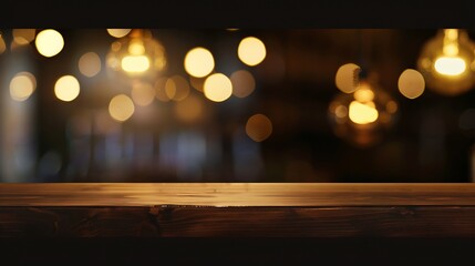 Poster - empty table on dark background with blurred lamps cafe restaurant bokeh for your product or customization : Generative AI