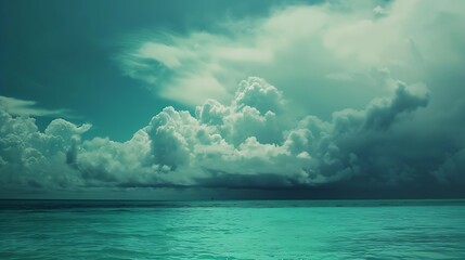 Aufkleber - Blue green clouds over the sea Toned seascape Dark teal water and sky background with copy space for designRocky coastline on the horizon Creepy scary atmosphere mood : Generative AI