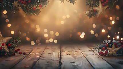 Aufkleber - Festive Christmas stage scene background framing Fir branches decorated with stars and red berries and empty wooden flooring platform Beautiful round bokeh copy space : Generative AI