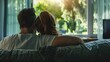 © Generative AI - Rear view of a couple relaxing on a sofa at home and looking outside a green background through the window of the living room : Generative AI
