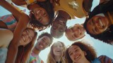 Fototapeta Londyn - Multiracial group of young people standing in circle and smiling at camera Happy diverse friends having fun hugging together Low angle view : Generative AI