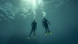 Aerial view of man and woman with masks and flippers swimming on their backs in clear sea : Generative AI