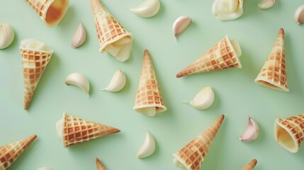 Poster - Composition with waffle horn heads halves and slices of garlic Creative art layout on light green background closeup macro top view flat lay : Generative AI