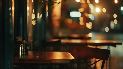 Poster - Vintage tone abstract blur image of Restaurant in night time with light bokeh for background usage : Generative AI