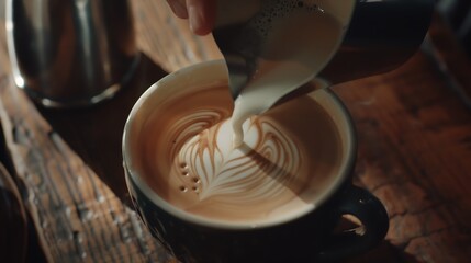 Poster - Professional barista pouring steamed milk into coffee cup making beautiful latte art Rosetta pattern : Generative AI