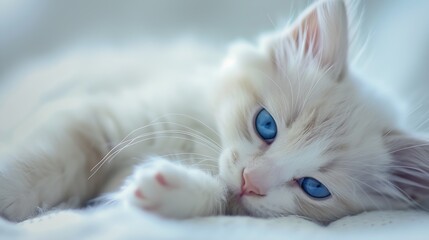 Poster - A family of kittens lie and sleep curled up Cute white kitten with blue eyes looks carefully : Generative AI