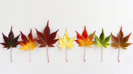 Wall Mural - frontal view of ten natural maple leaves of the autumn period in yellow orange red burgundy green co