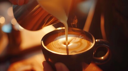 Poster - Close up barista hands pouring warm milk in coffee cup for making latte art : Generative AI