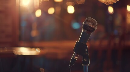 Poster - microphone against blur on beverage in pub and restaurant background : Generative AI