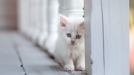 Poster - Small curious cute white fluffy kitten looks out from behind white columns on porch of house : Generative AI