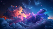 Ethereal clouds aglow with an iridescent light against a starry night sky, creating a dreamlike cosmic scene.