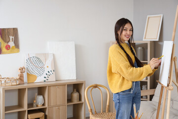 Poster - Female Asian artist painting on easel at home