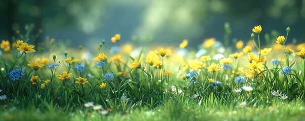 Wall Mural - Spring grass with yellow flowers in the morning background