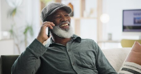 Poster - Senior man, phone call and happy for communication at nursing home, laughing and silly or goofy joke. Black elderly person, contact and mobile app for funny conversation, smile and relaxing on couch