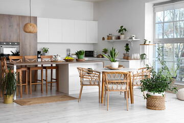 Poster - Interior of beautiful kitchen with armchairs, dining table, houseplants, counters and kitchenware