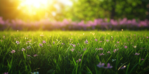 Wall Mural - Spring lawn green grass and sun rays background