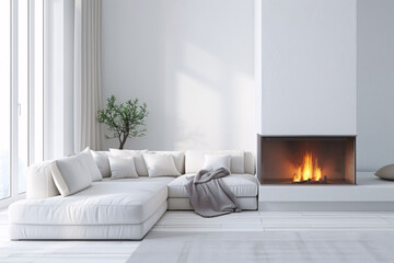 Wall Mural - Modern Elegance in a Spacious Living Room with Comforting Fireplace