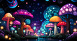 the illustration depicts the night with bright mushrooms
