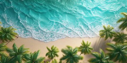 Wall Mural - Top view sea sand beach with palm trees background, Summer holiday vacation concept