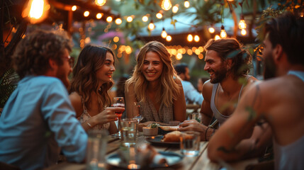 Diverse People Having Fun, Sharing Stories, and Eating at Outdoors Dinner Party. Family and Friends Gathered Outside Their Home 