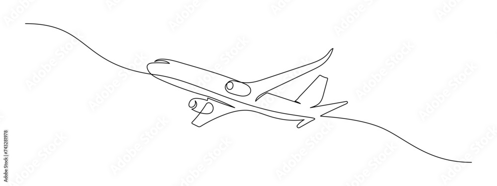 One continuous line drawing of Airplane path. Business Concept of world travel and international flight airline in simple linear style. Air plane trip in Editable stroke. Contour vector illustration