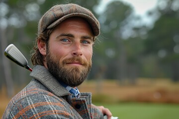 Wall Mural - A rugged man with a stylish hat and full beard stands confidently on the lush green grass of a golf course, his jacket adding a touch of sophistication to his rugged appearance