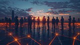 Fototapeta Natura - Group of diverse professionals standing in a circle, with glowing lines connecting them against a backdrop of a modern cityscape at twilight. 
