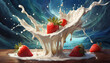 Słodki deser truskawkowy, abstrakcyjne tło mleko i czerwone owoce. Eksplozja owoców