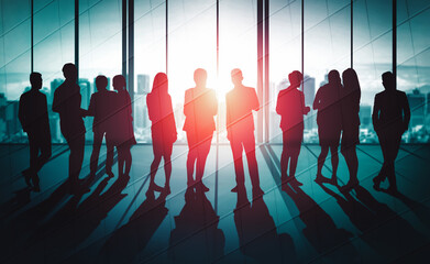 Wall Mural - double exposure image of many business people conference group meeting on city office building in ba