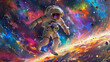 Astronaut floating in vivid swirling cosmic nebula of purples, blues and oranges amidst stars and planets, depicting surreal psychedelic outer space dreamscape