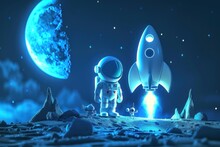 3d Cartoon Of Astronaut And Rocket With Moon. Generative AI.