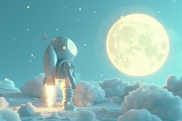 Poster - 3d cartoon of astronaut and rocket with moon. Generative AI.