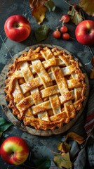 Sticker - A pie with lattice on a wooden board surrounded by apples. Generative AI.