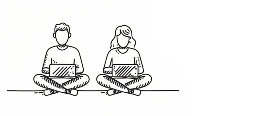 minimalist line art drawing colored man and woman sitting on the ground with laptops, back to back. Copy space.