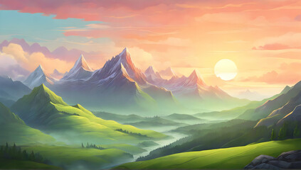 Wall Mural - Serene landscape of misty mountains and green valleys. Sun is rising behind the peaks, casting a warm glow on the scene. Cartoonish and colorful style.