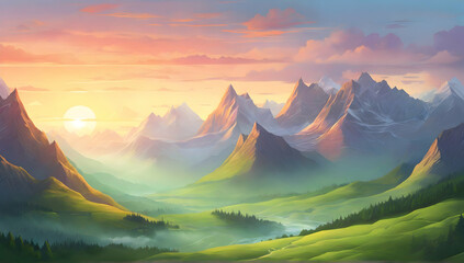 Wall Mural - Serene landscape of misty mountains and green valleys. Sun is rising behind the peaks, casting a warm glow on the scene. Cartoonish and colorful style.