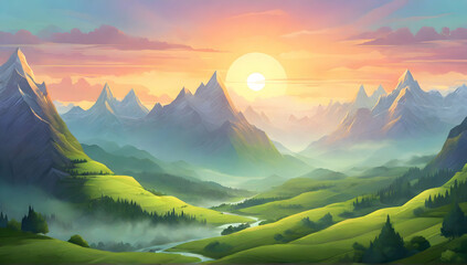 Wall Mural - Serene landscape of misty mountains and green valleys. Sun is rising behind the peaks, casting a warm glow on the scene. Cartoonish and colorful style.