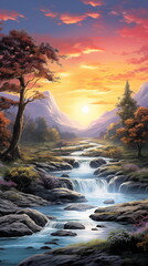 Wall Mural - a beautiful view of a meadow at sunset with a river in the middle and a tree next to the river, meadow wallpaper and background