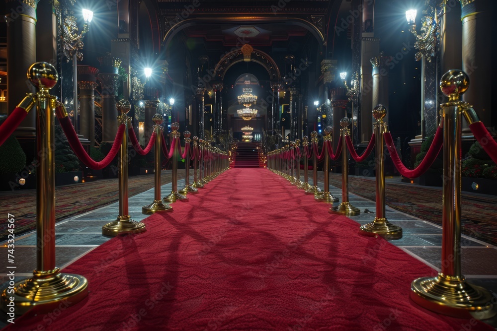 A glamorous red carpet event setting with velvet ropes and golden ...