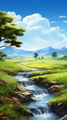 Wall Mural - a beautiful view of a meadow in afternoon with a river in the middle and a tree next to the river, meadow wallpaper and background