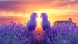 Tender moment between two parakeets in a lavender field at sunset, with a house in the background, evoking feelings of love and tranquility in nature