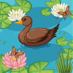 Wall Mural - Vector illustration of duck with butterflies on water