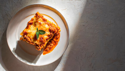 Wall Mural - tasty juicy lasagna on white plate, italian food, menu concept,  food photograph, top view shot, copy space